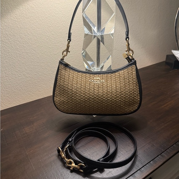 COACH Teri Leather 2-Way Straw Shoulder Bag Crossbody Purse - Picture 3 of 9